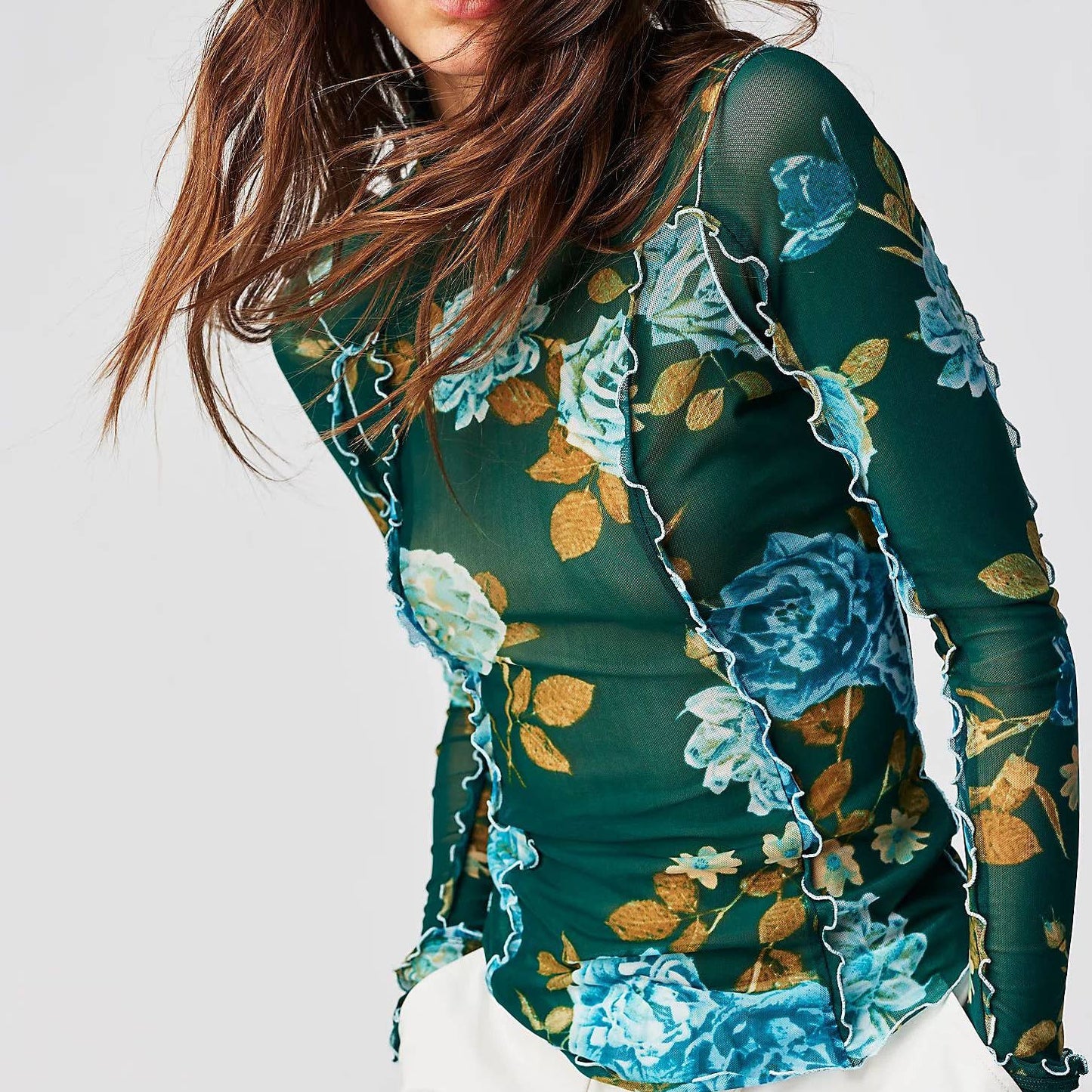 Slim-Fit Sheer Botanical Floral Print Turtleneck Top