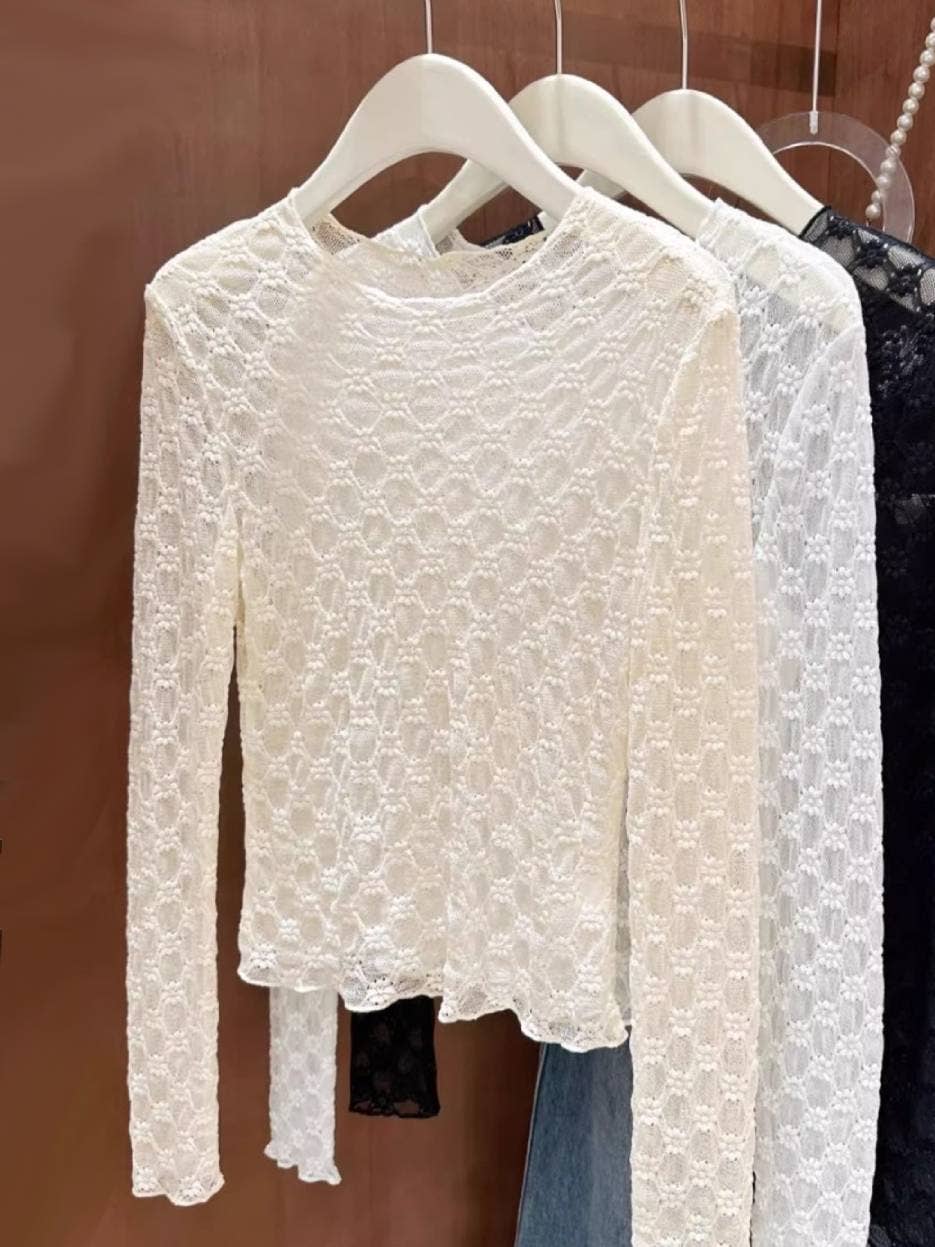 Sheer Mesh Diamond Floral Lace Layering Fitted Crew Top