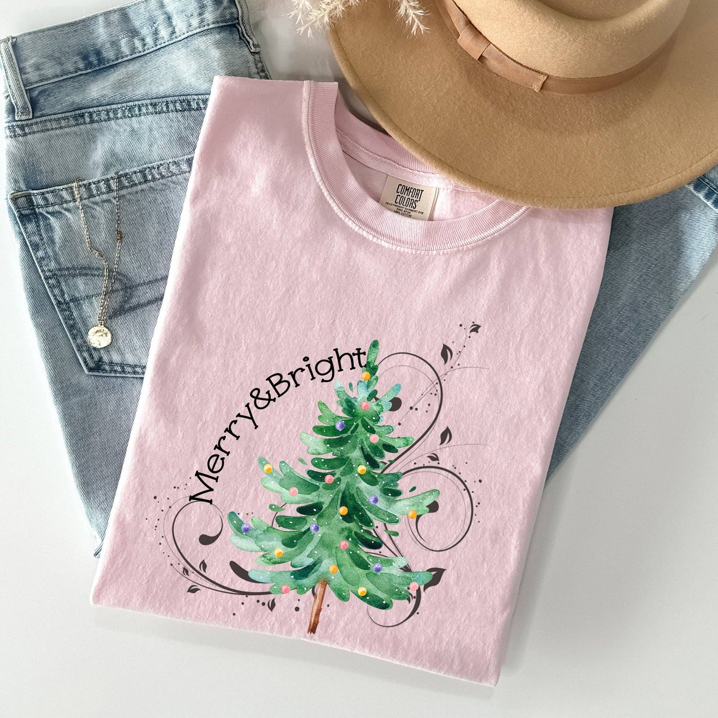 Merry and Bright, Colorful Christmas Tree, Swirls Tshirt