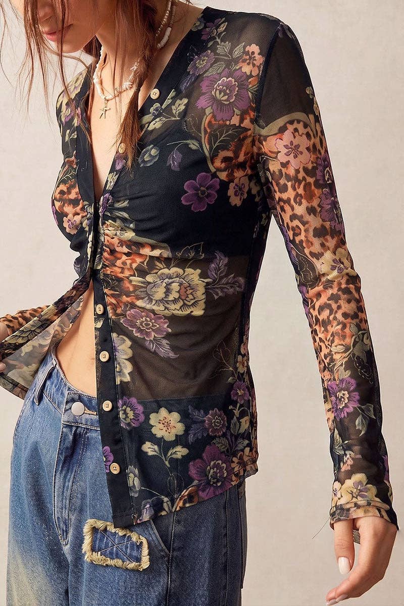 Sheer Floral Ruched Button Front Blouse
