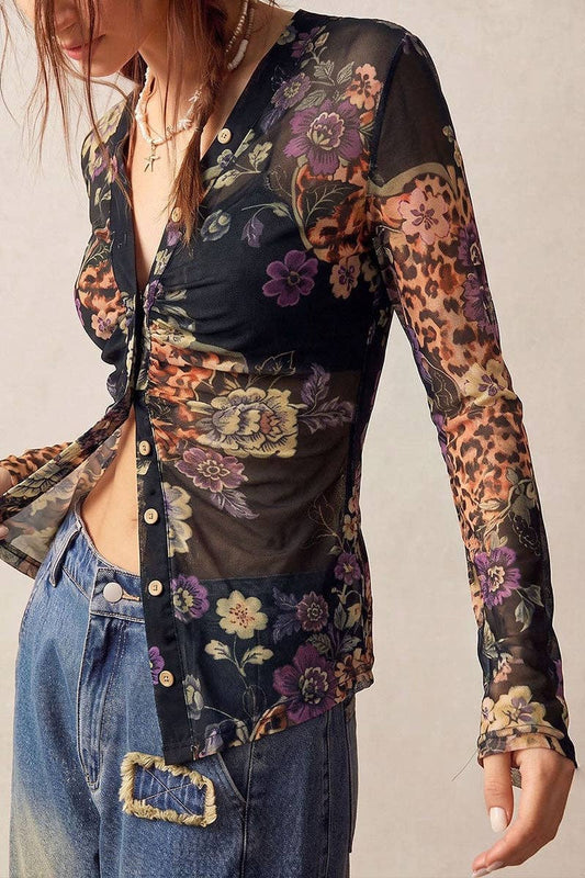 Sheer Floral Ruched Button Front Blouse