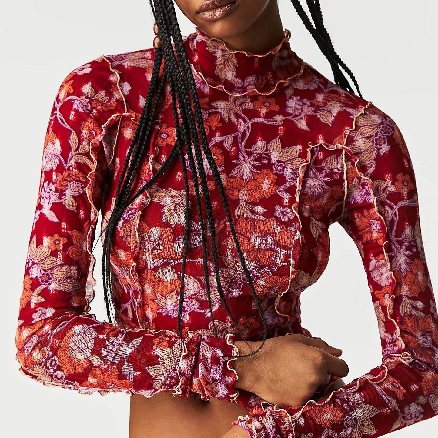 Slim-Fit Sheer Botanical Floral Print Turtleneck Top