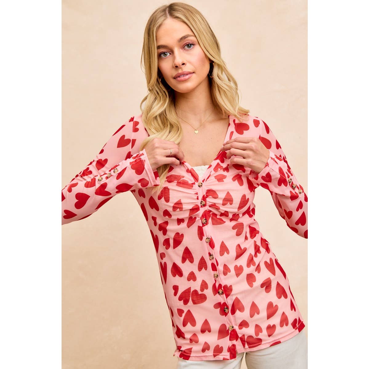 HEART PRINTED MESH TOP WITH BUTTON UP V NECK