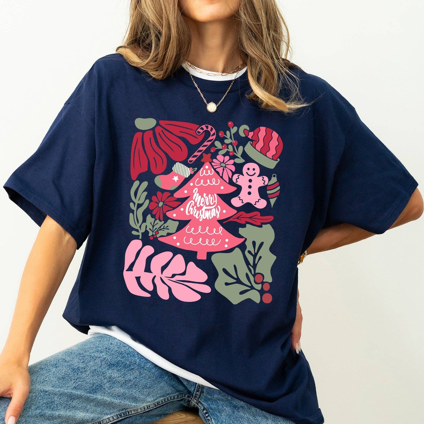 Merry Christmas, Pink Floral, Flowers, Xmas Tshirt