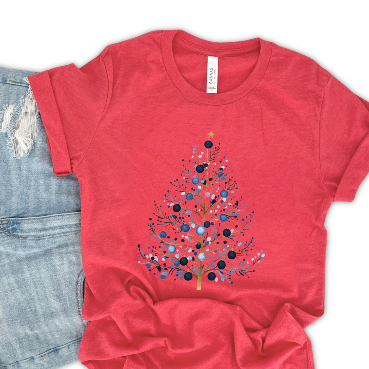 Blue whimsical Christmas tree women's graphic t-shirt