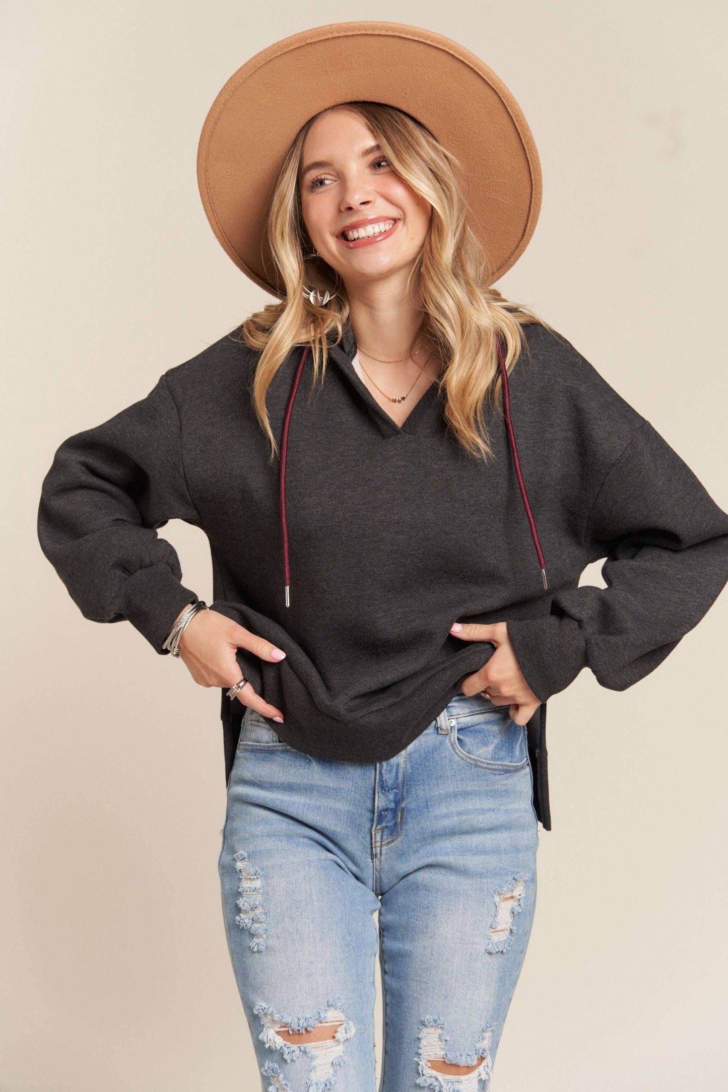 INSIDE NAPPED HOODIE TUNIC TOP