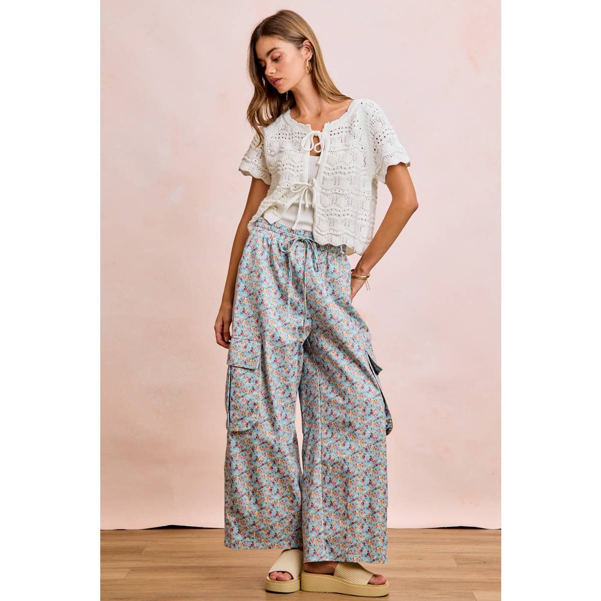 FRONT BOW TIE DETAIL POINTELLE KNIT TOP