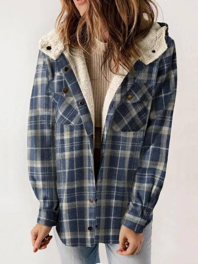 Western buttons hoodie plaid fleece lined shacket coat