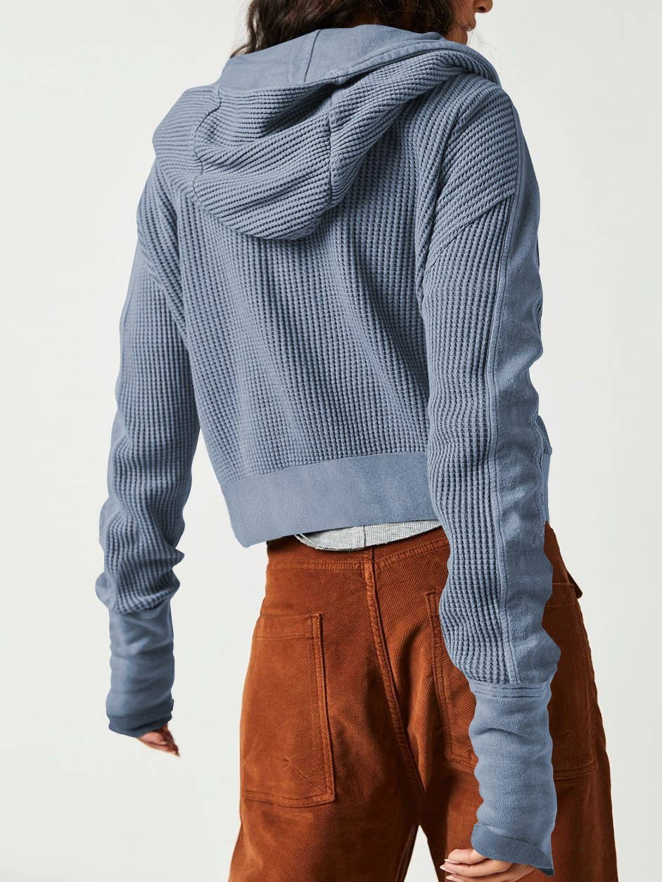 Half button zip up waffle crop hoodie sweatshirt jacket