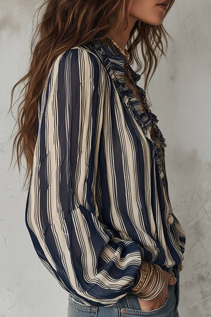 Ruffled Striped Long Sleeve Blouse