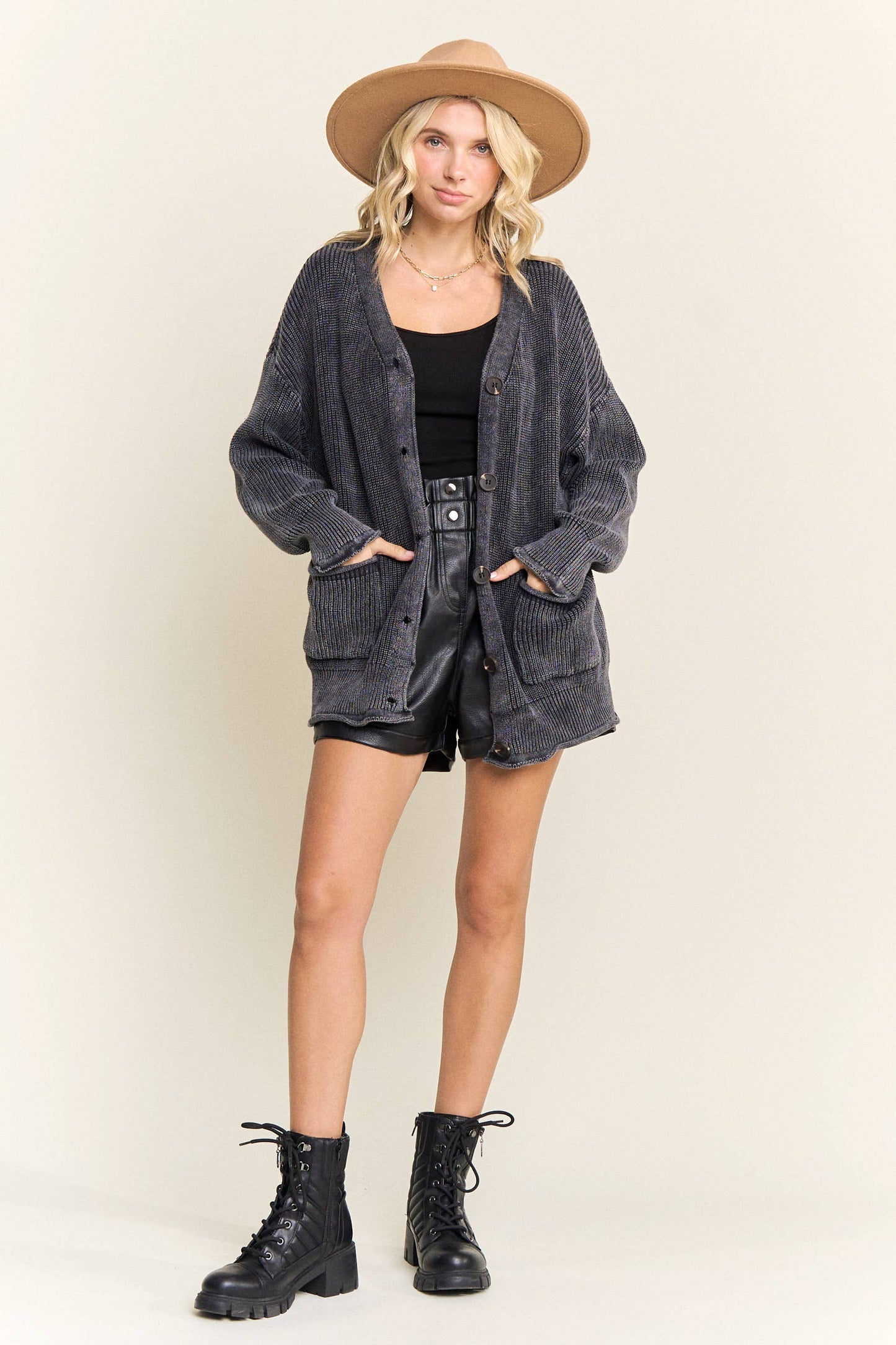 LESW3868-RIBBED BUTTON UP SWEATER CARDIGAN