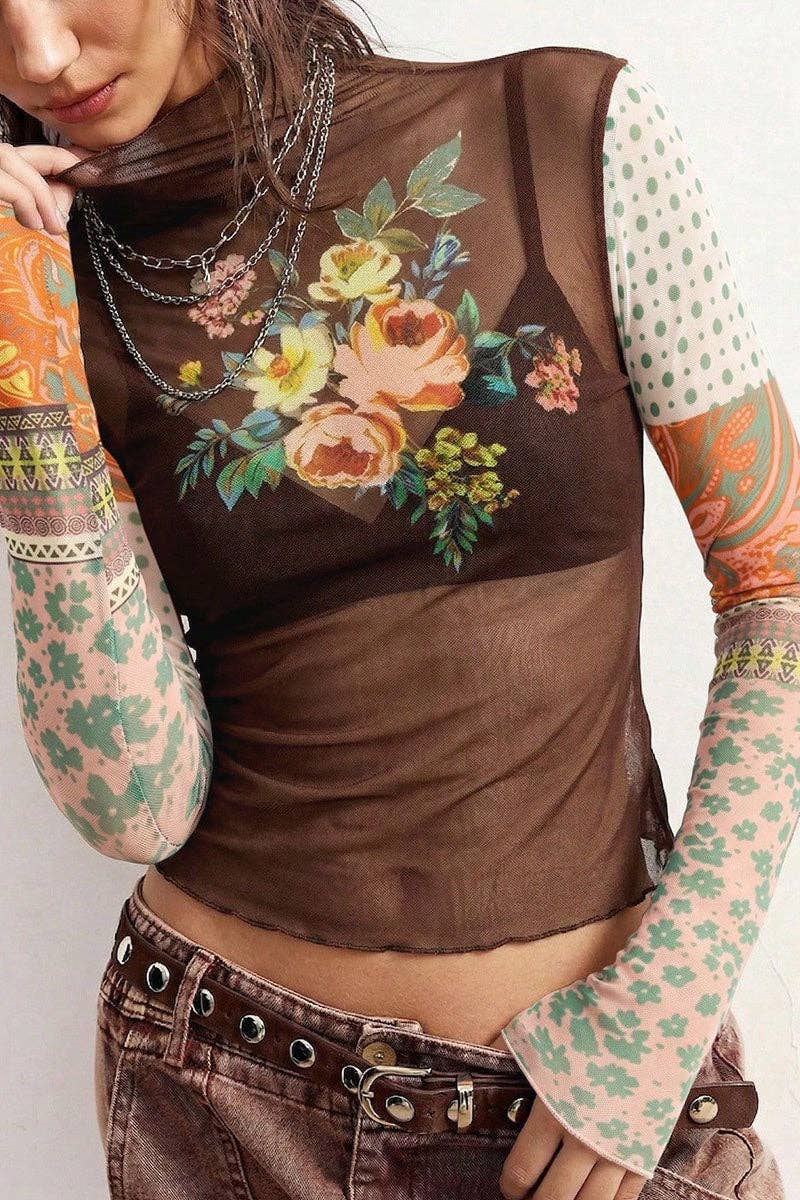 Sheer Mesh Floral Patchwork Mock Neck Top