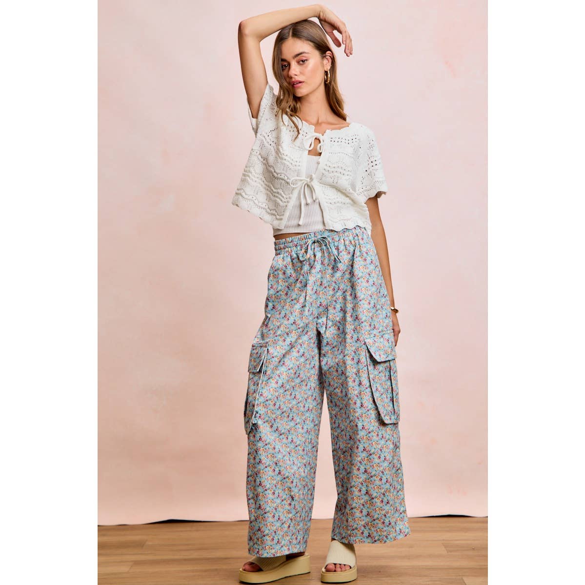 FRONT BOW TIE DETAIL POINTELLE KNIT TOP