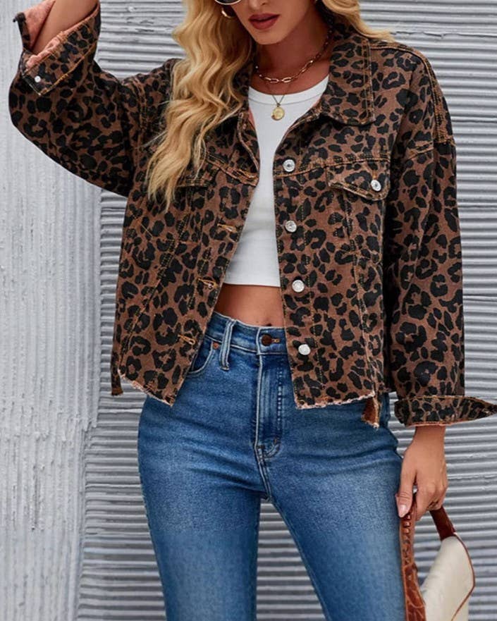 Fashion Retro Leopard Print Short Denim Jacket