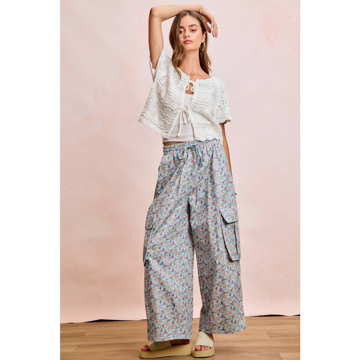 FRONT BOW TIE DETAIL POINTELLE KNIT TOP