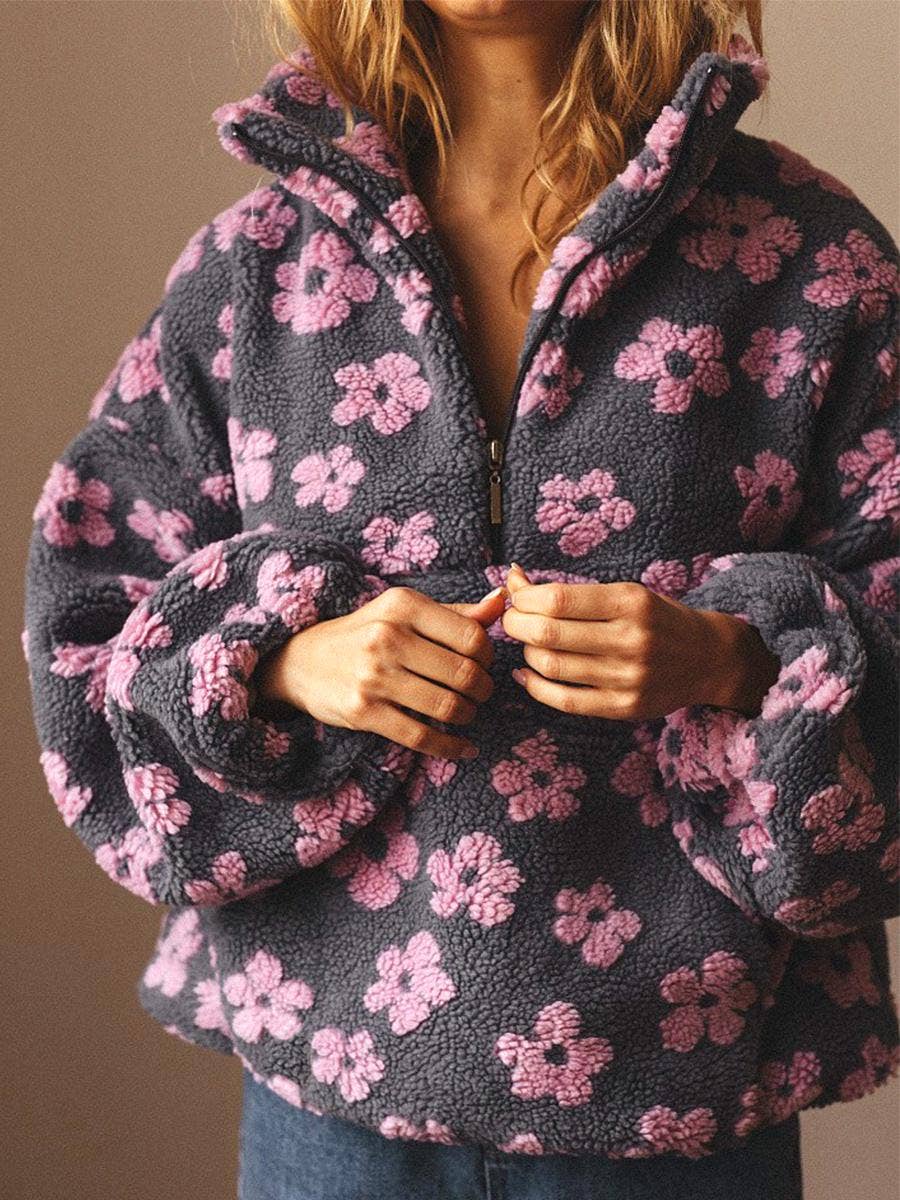 Oversized winter half-zip floral sherpa fleece sweatshirt