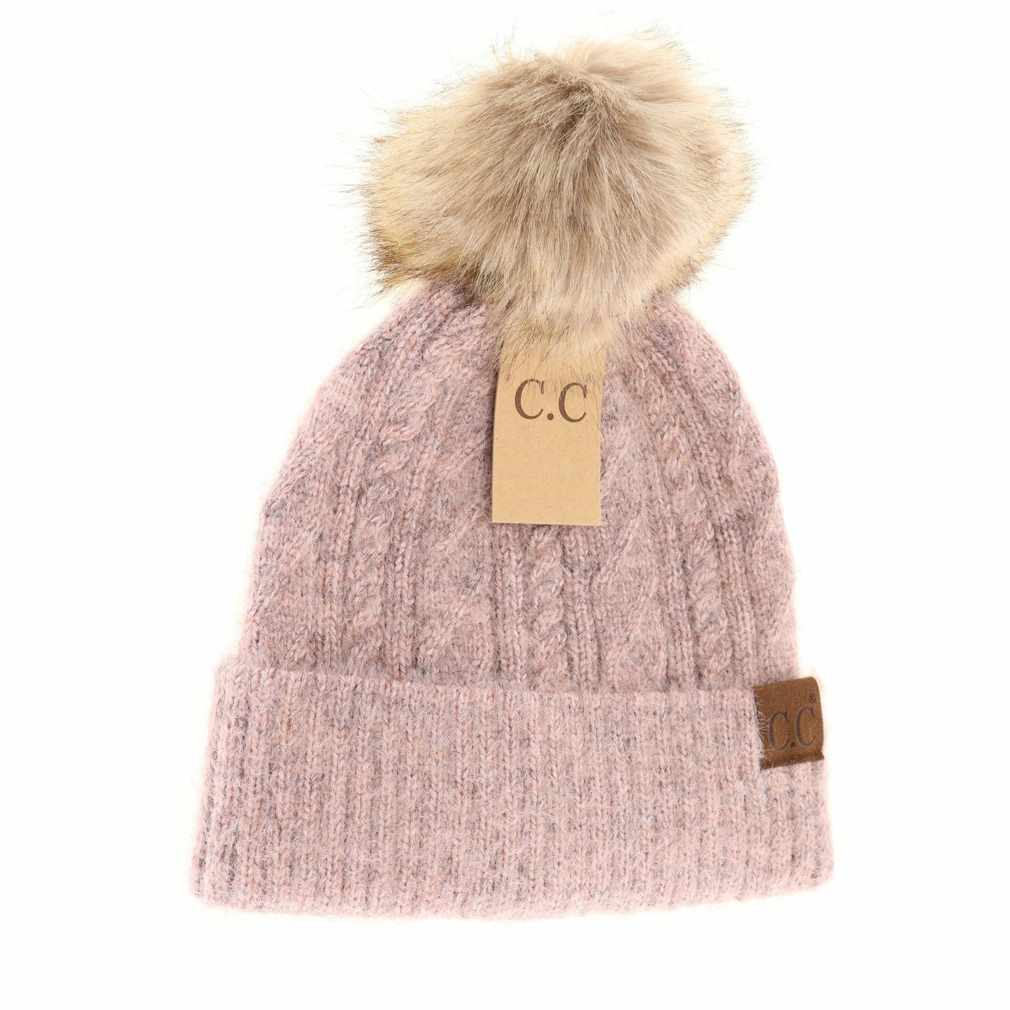 Soft Cuff Cable Knit Fur Pom C.C Beanie HAT2087
