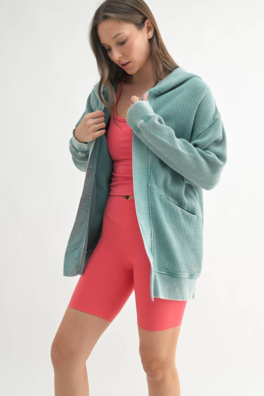 Waffle Knit Mineral-Washed Cardigan: GREY TEAL