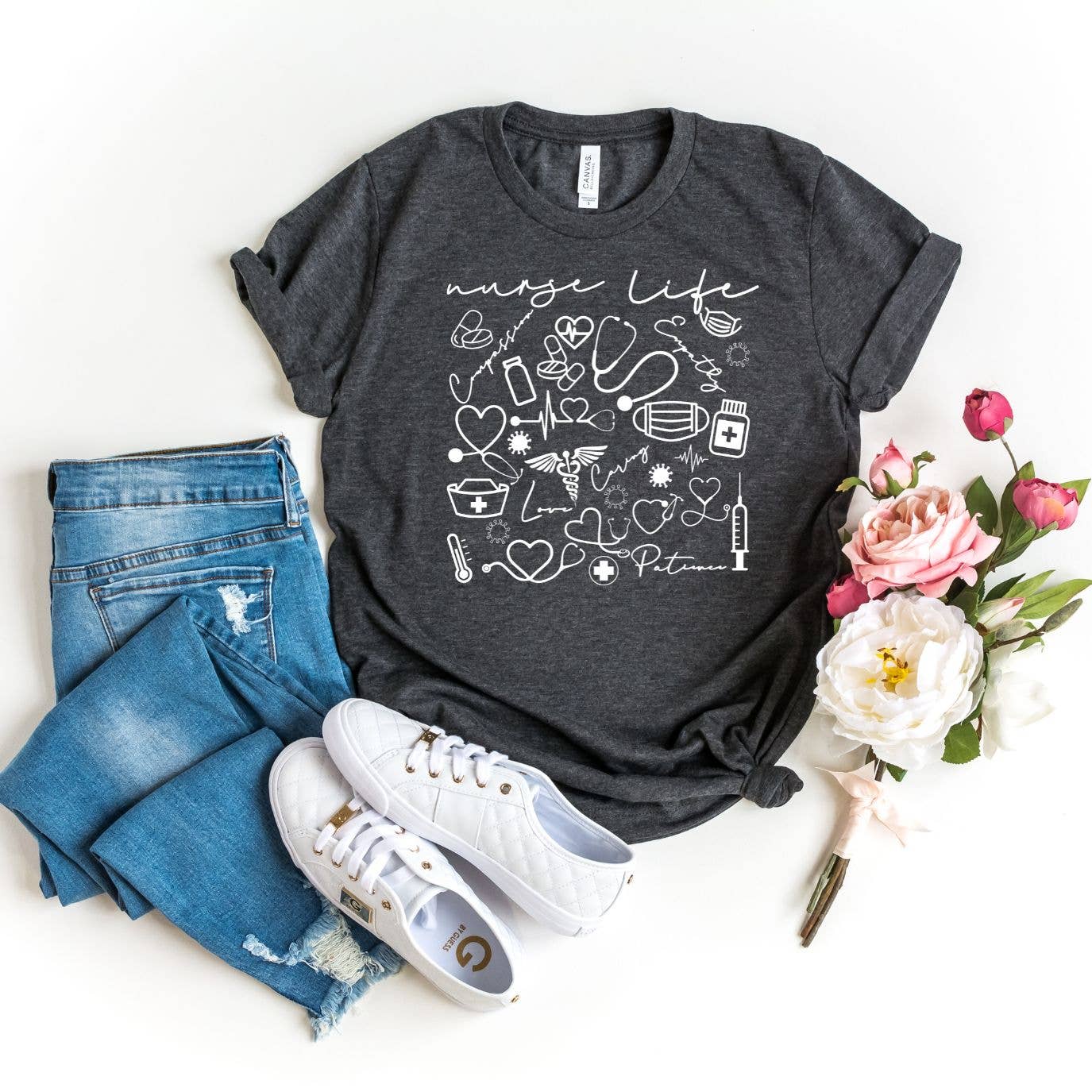 Nurse Life Charcoal Tee White Ink