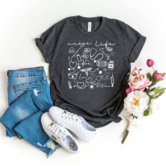 Nurse Life Charcoal Tee White Ink