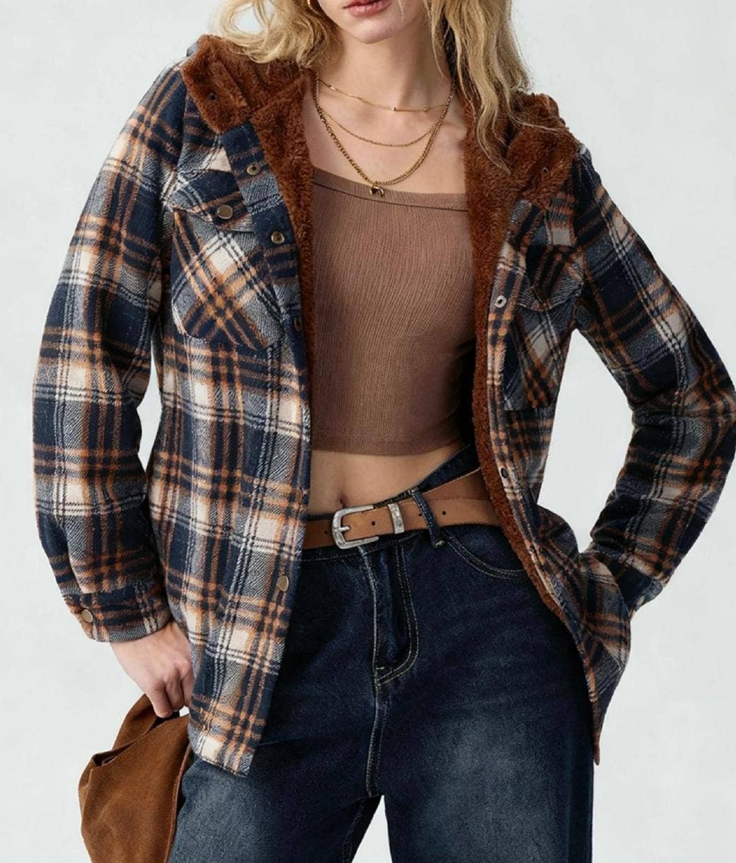Western buttons hoodie plaid fleece lined shacket coat