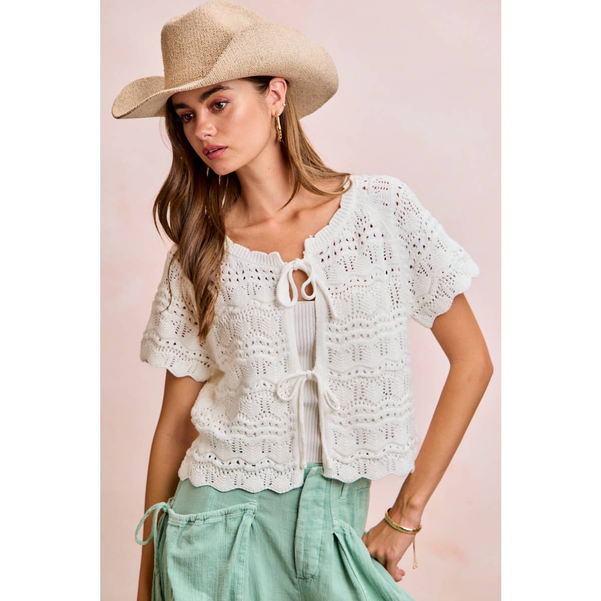 FRONT BOW TIE DETAIL POINTELLE KNIT TOP