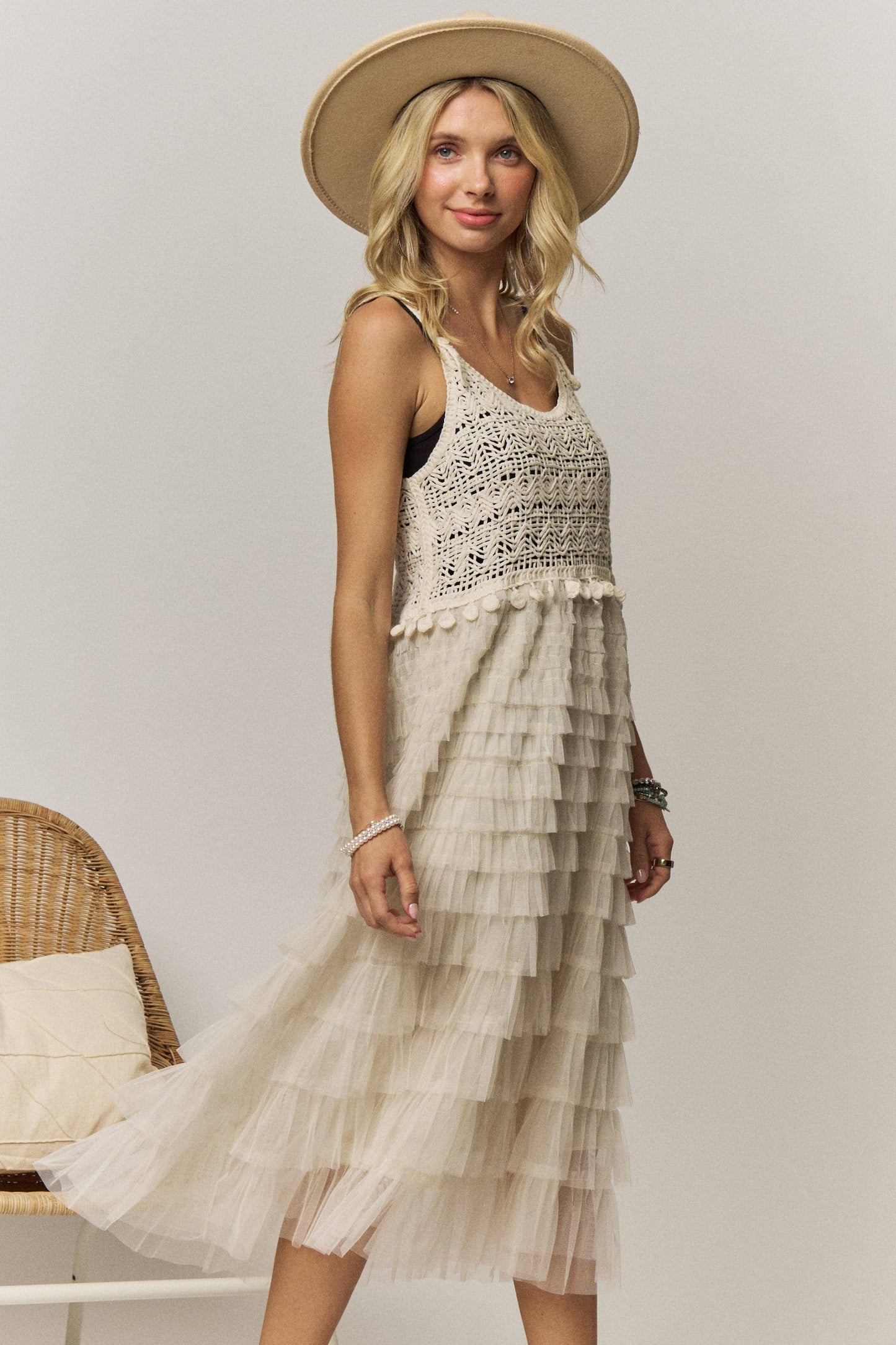 CROCHET TIERED TULLE DRESS