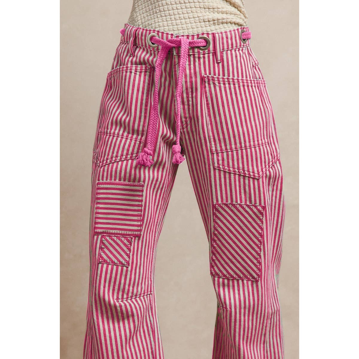 STRIPED TWILL BARREL PANTS
