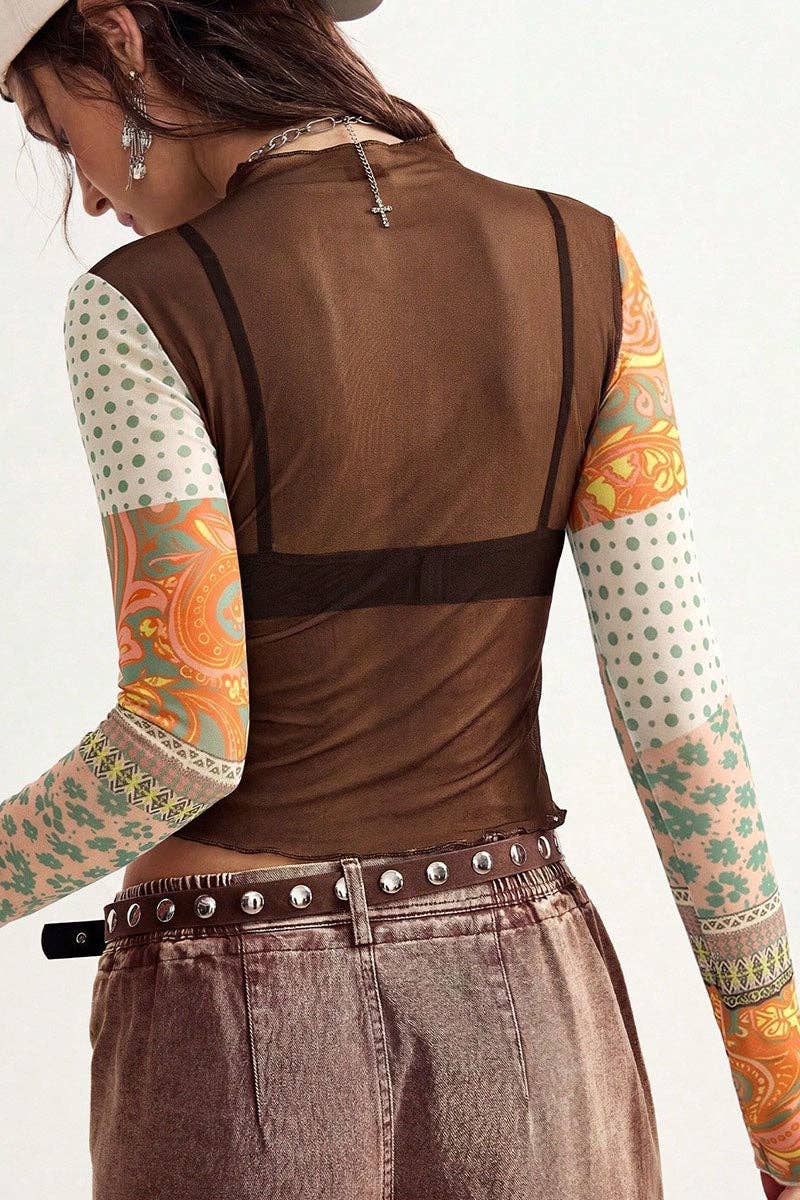Sheer Mesh Floral Patchwork Mock Neck Top