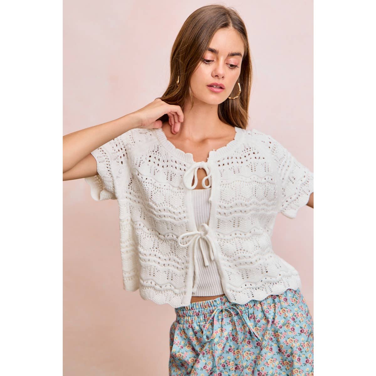 FRONT BOW TIE DETAIL POINTELLE KNIT TOP