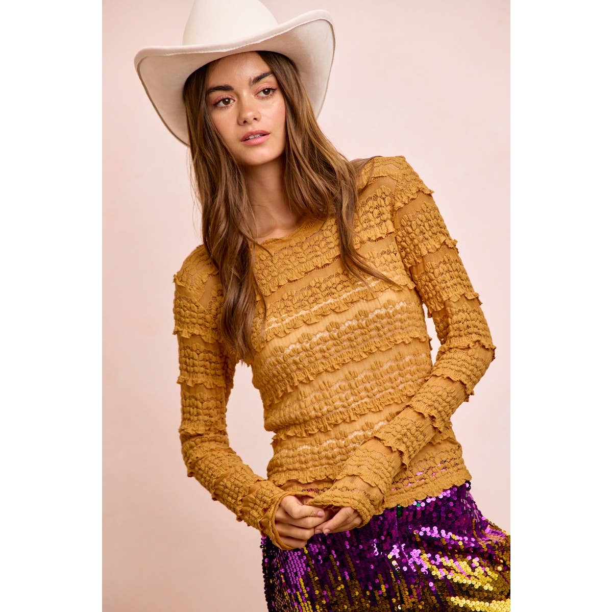 RUFFLES DETAIL MARDI GRAS COLOR FLOWER LACE TOP