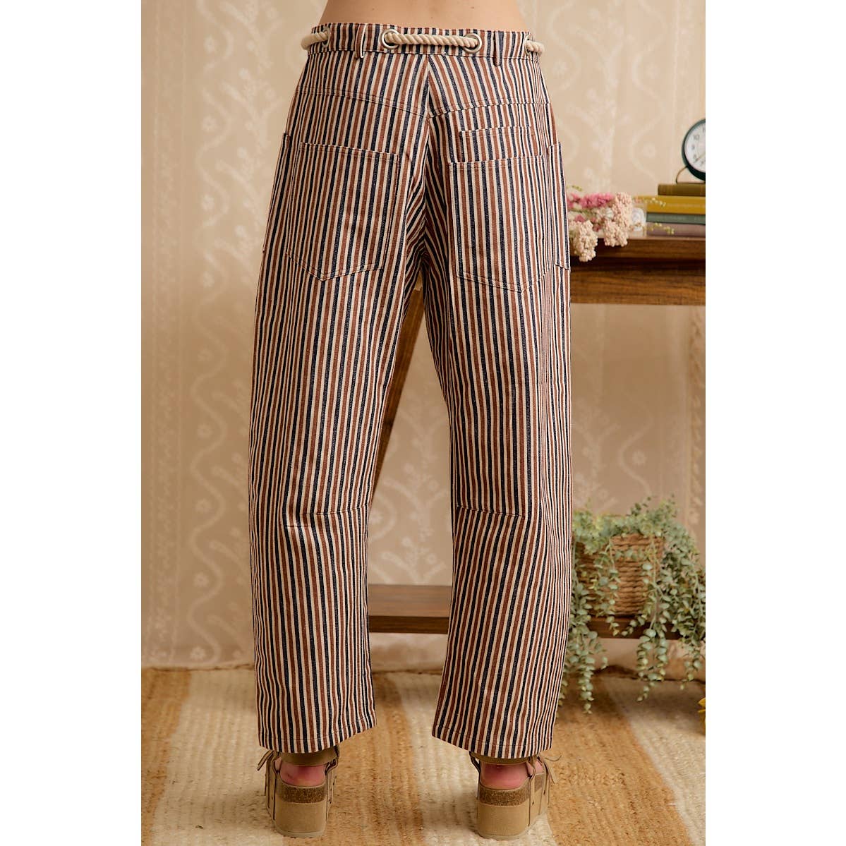 WOMEN WIDE LEG STRIPED DRAWSTRING PANTS