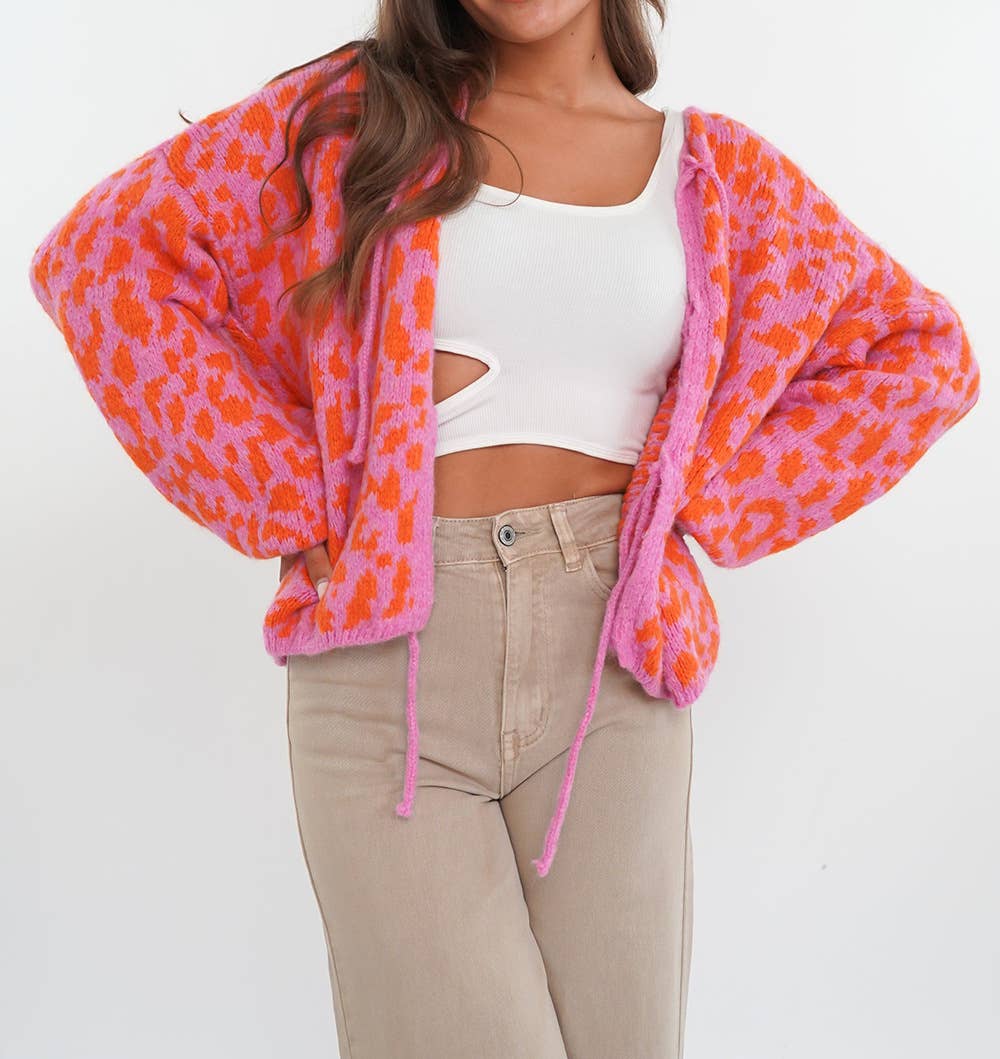 Retro Trendy Cheetah Leopard Print Lace-Up Cardigan