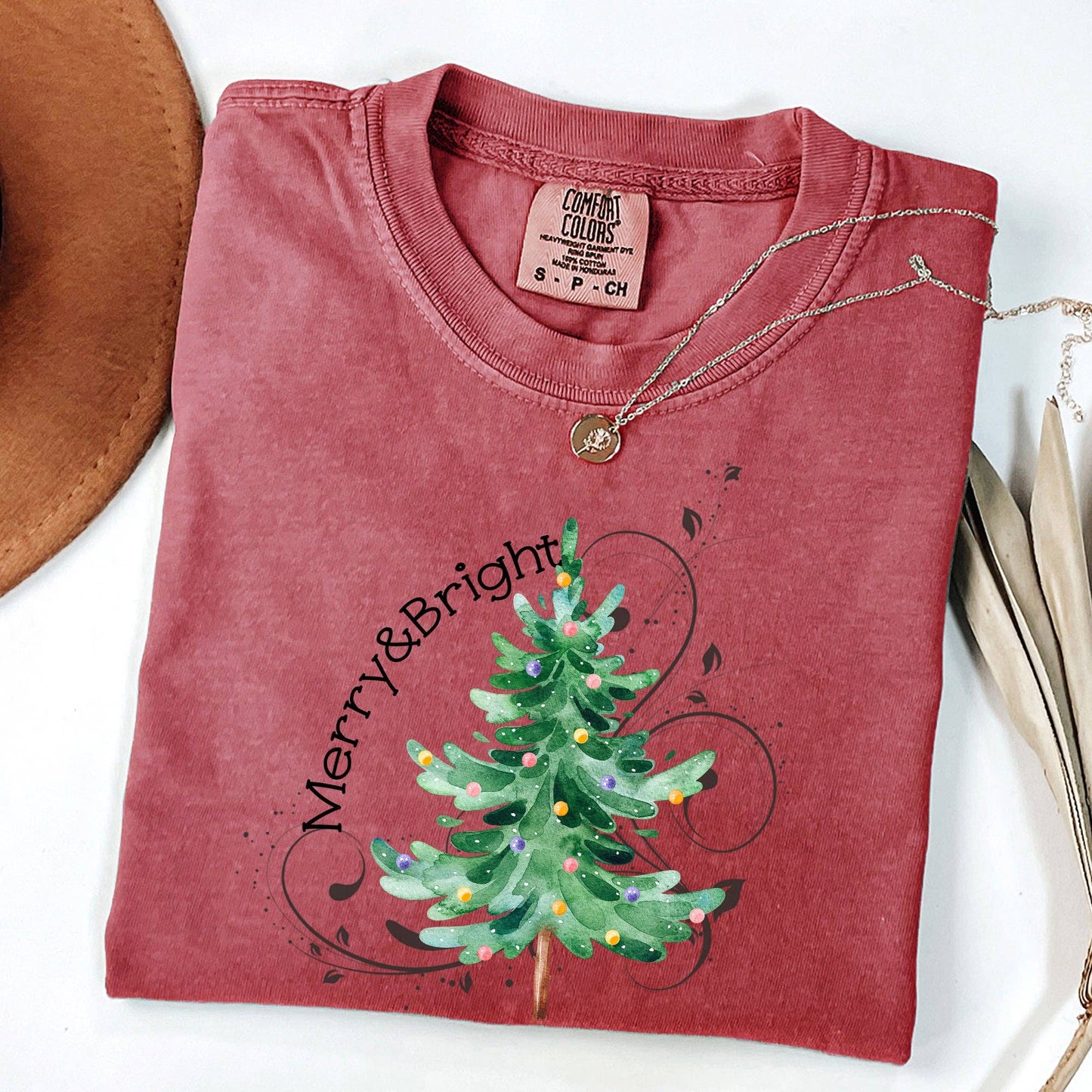 Merry and Bright, Colorful Christmas Tree, Swirls Tshirt