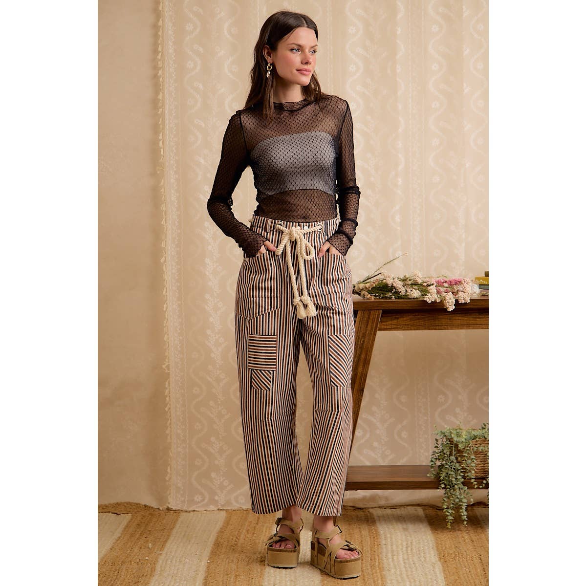 WOMEN WIDE LEG STRIPED DRAWSTRING PANTS