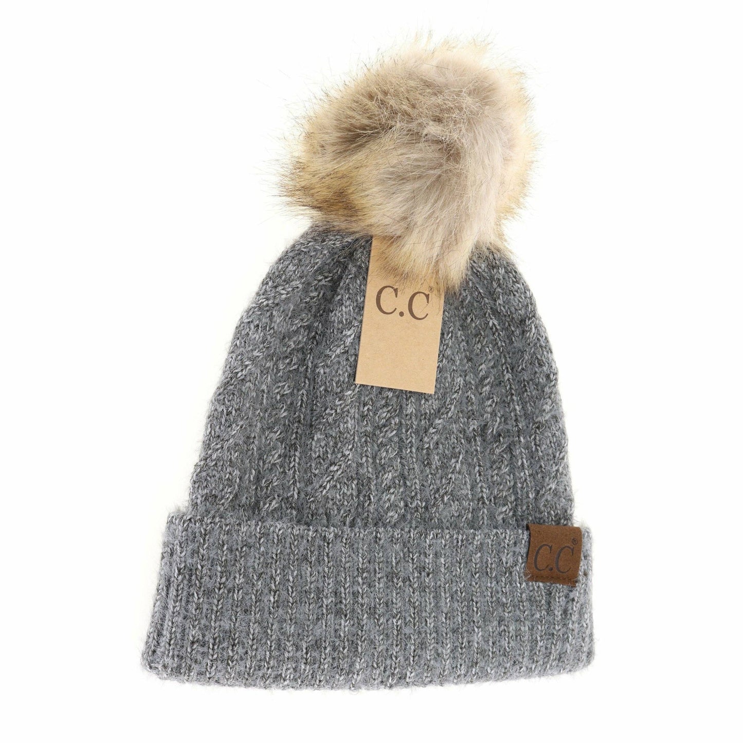Soft Cuff Cable Knit Fur Pom C.C Beanie HAT2087