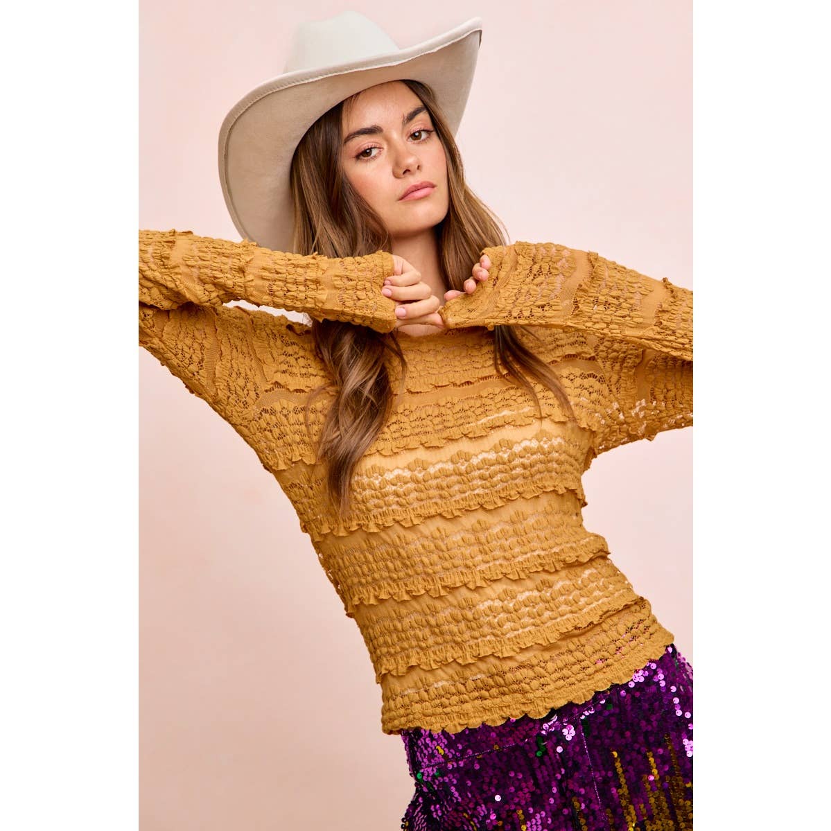 RUFFLES DETAIL MARDI GRAS COLOR FLOWER LACE TOP