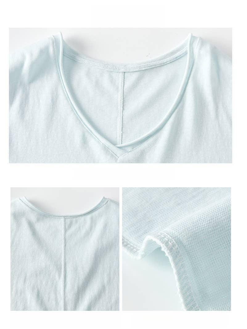 Cotton blend short sleeve roll neck tees V-neck T-shirt