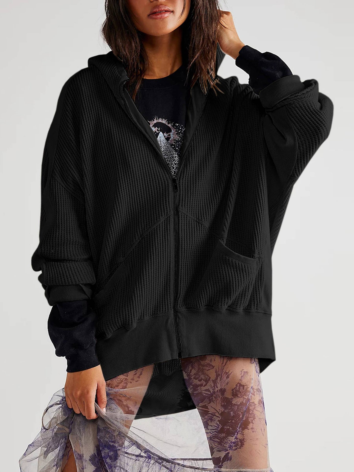 Women's Casual Waffle cardigan zipper Hooded Sweater