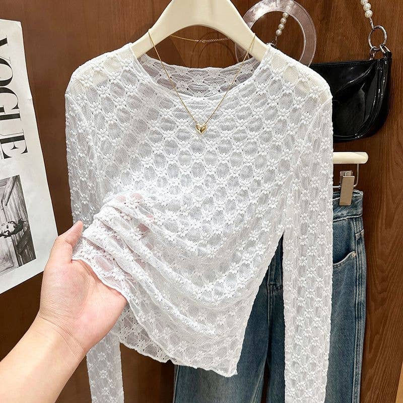 Sheer Mesh Diamond Floral Lace Layering Fitted Crew Top