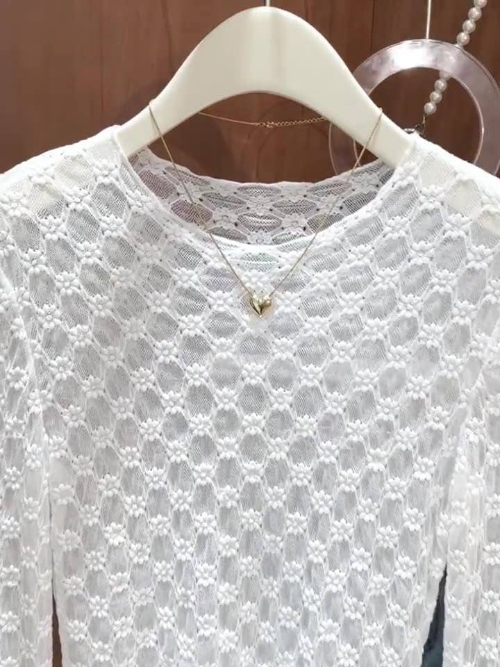Sheer Mesh Diamond Floral Lace Layering Fitted Crew Top