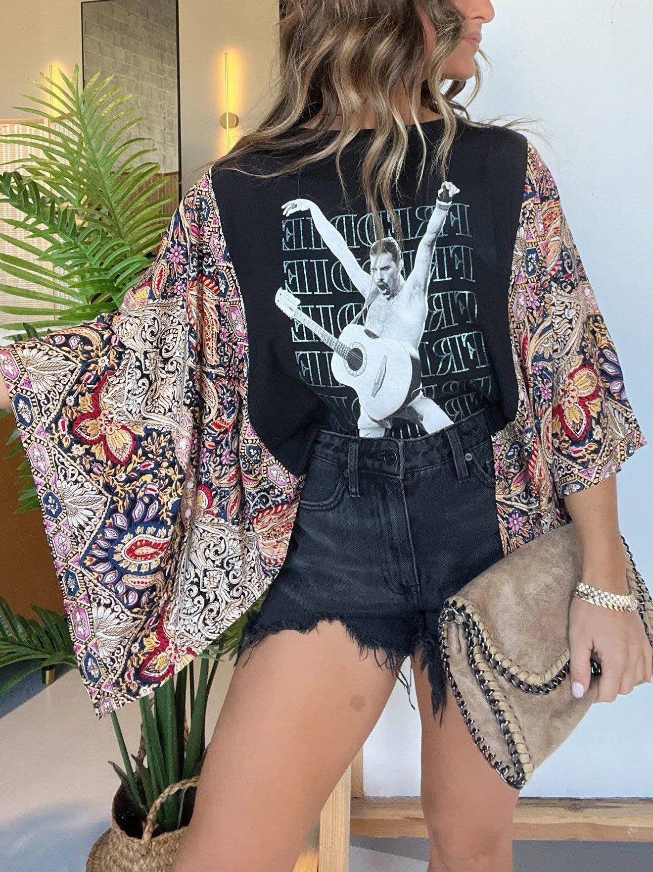 Western Vintage Graphic Batwing Kimono Sleeves Tees Boho Top