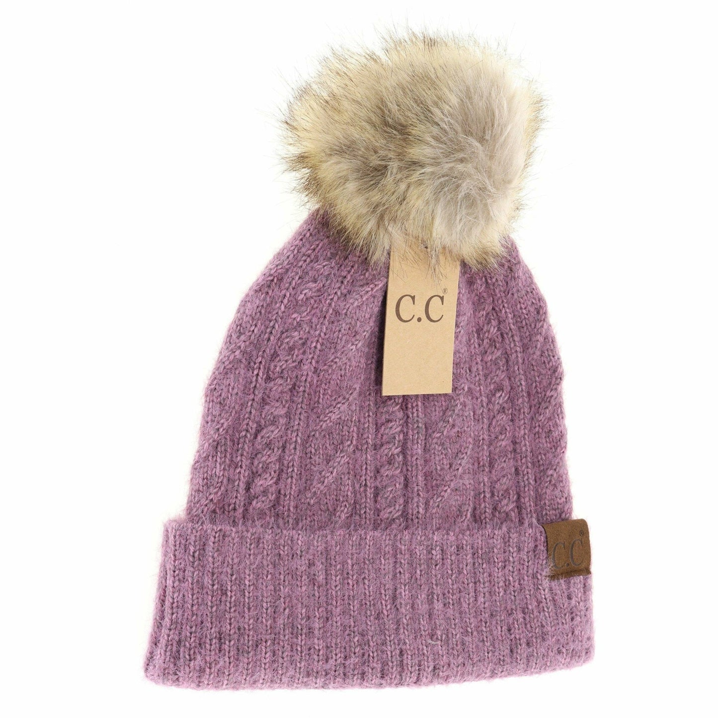 Soft Cuff Cable Knit Fur Pom C.C Beanie HAT2087