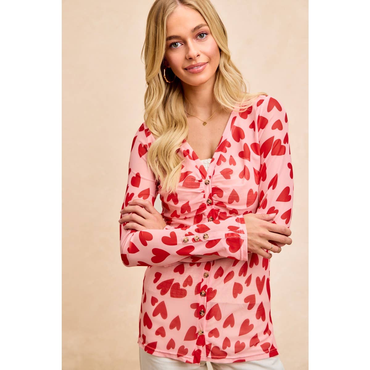 HEART PRINTED MESH TOP WITH BUTTON UP V NECK