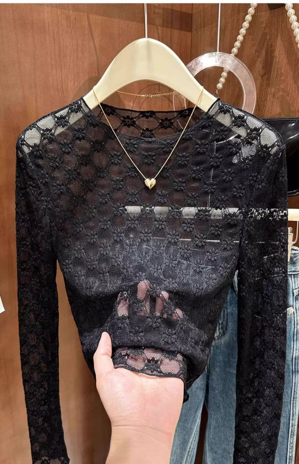 Sheer Mesh Diamond Floral Lace Layering Fitted Crew Top