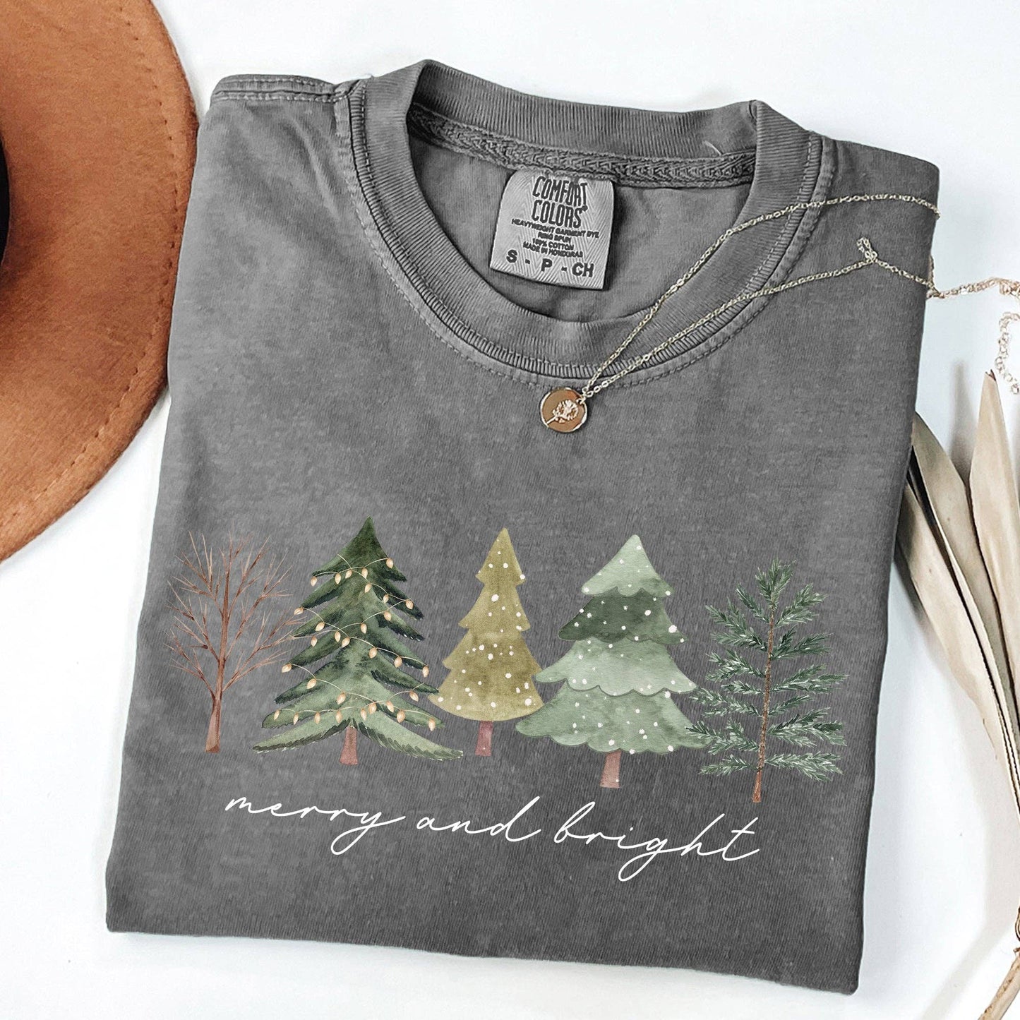 Merry and Bright, Christmas Trees, Minimalist Xmas Tshirt