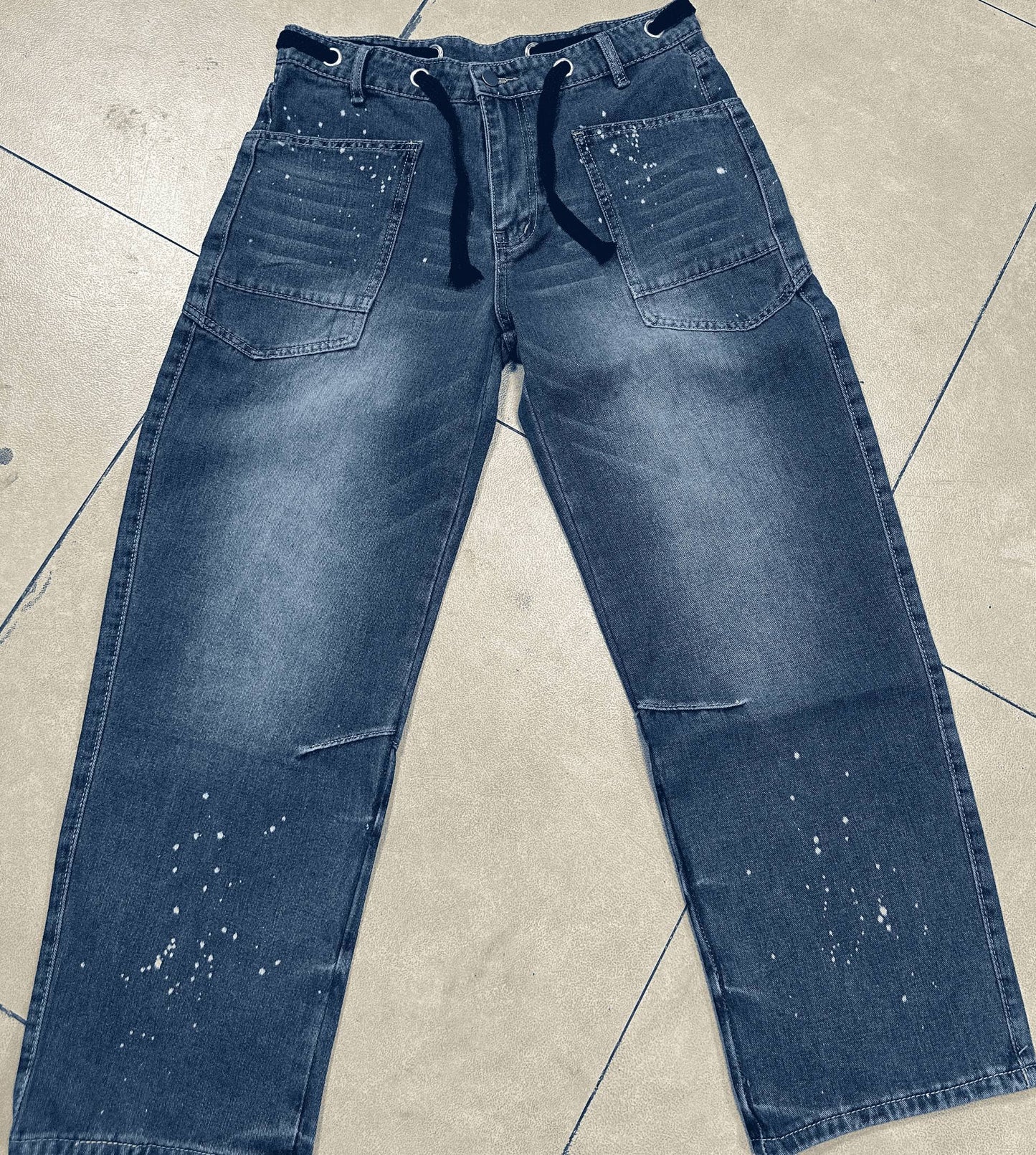 Western chic drawstring patchwork wide-leg jeans