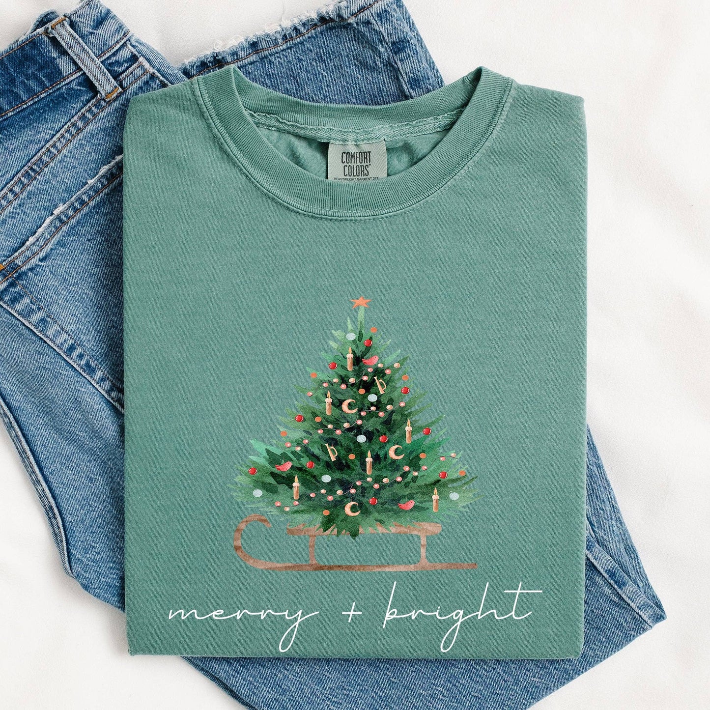 Merry and Bright, Sleigh, Christmas Tree, Snow, Xmas Tshirt