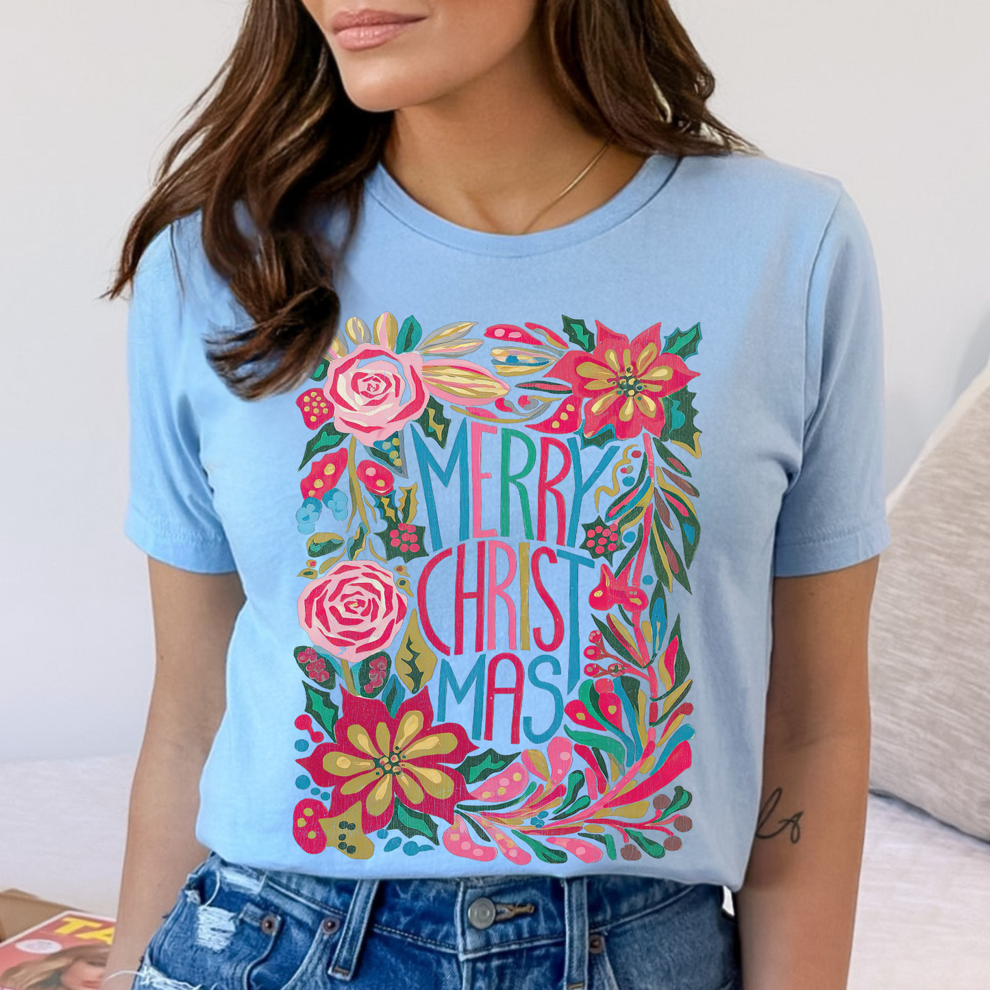 Merry Christmas Boho floral Christmas graphic t-shirt
