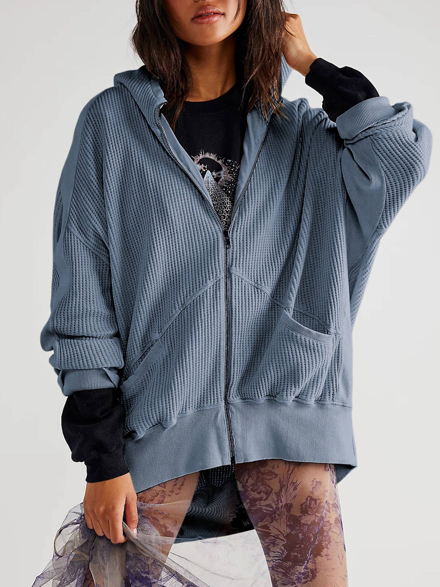 Women's Casual Waffle cardigan zipper Hooded Sweater